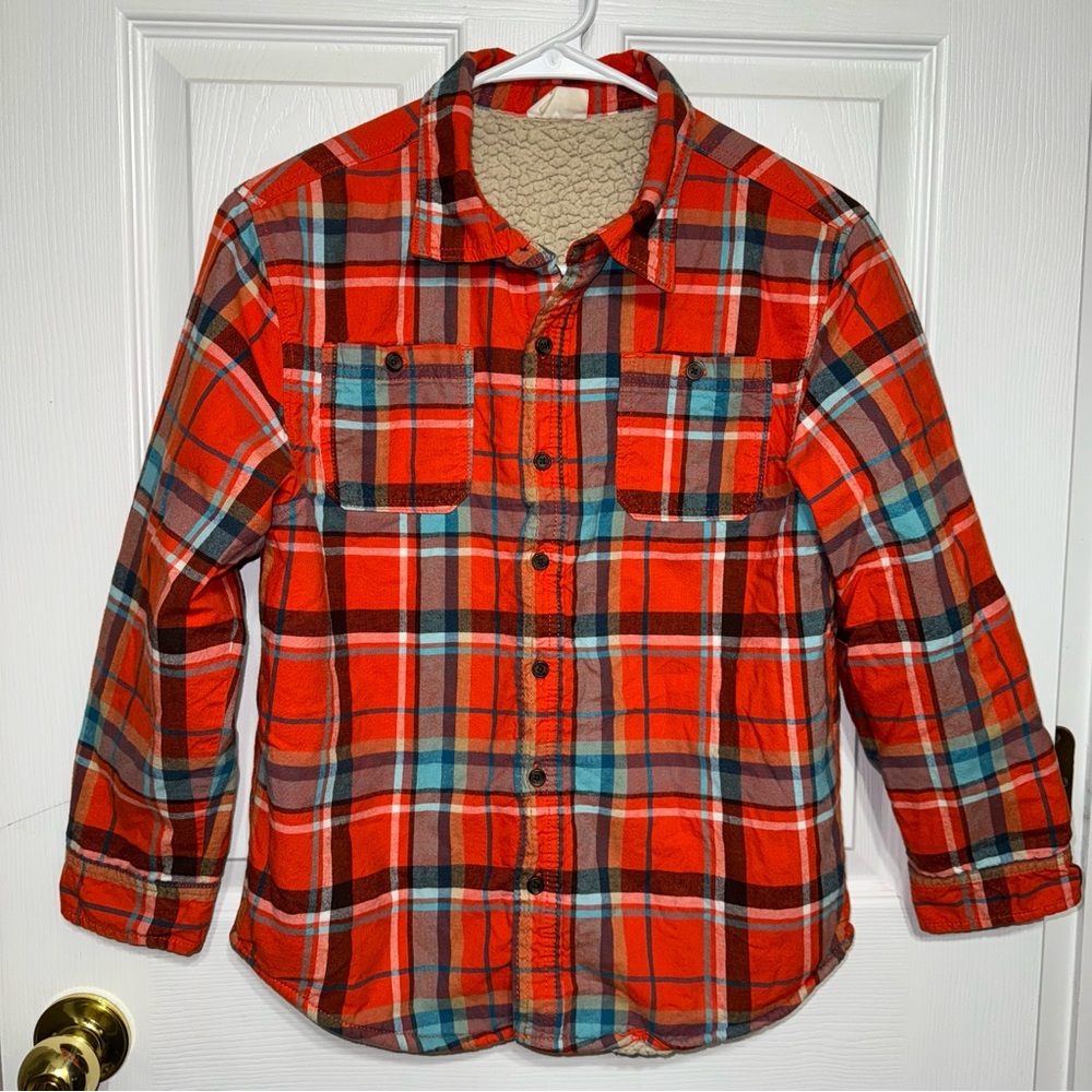 Crazy 8 Shacket Boys Lined Jacket Shirt Red Blue Plaid Flannel Kids Sz L (10-12)
